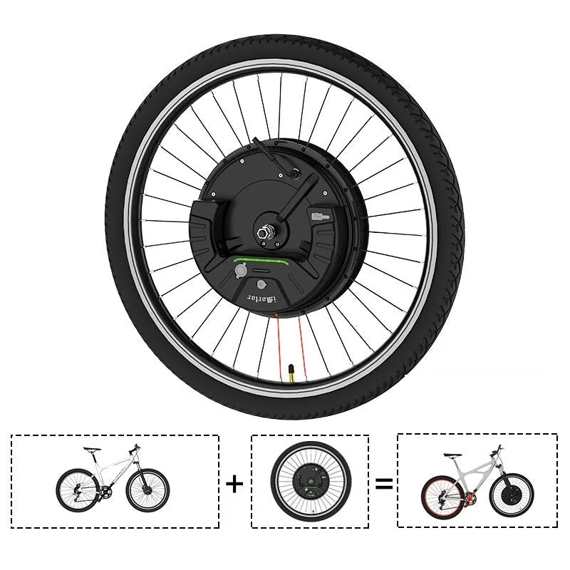 Yunzhilun bicycle electric conversion kit showing hub motor, lithium battery, and charger for 26-inch wheels.