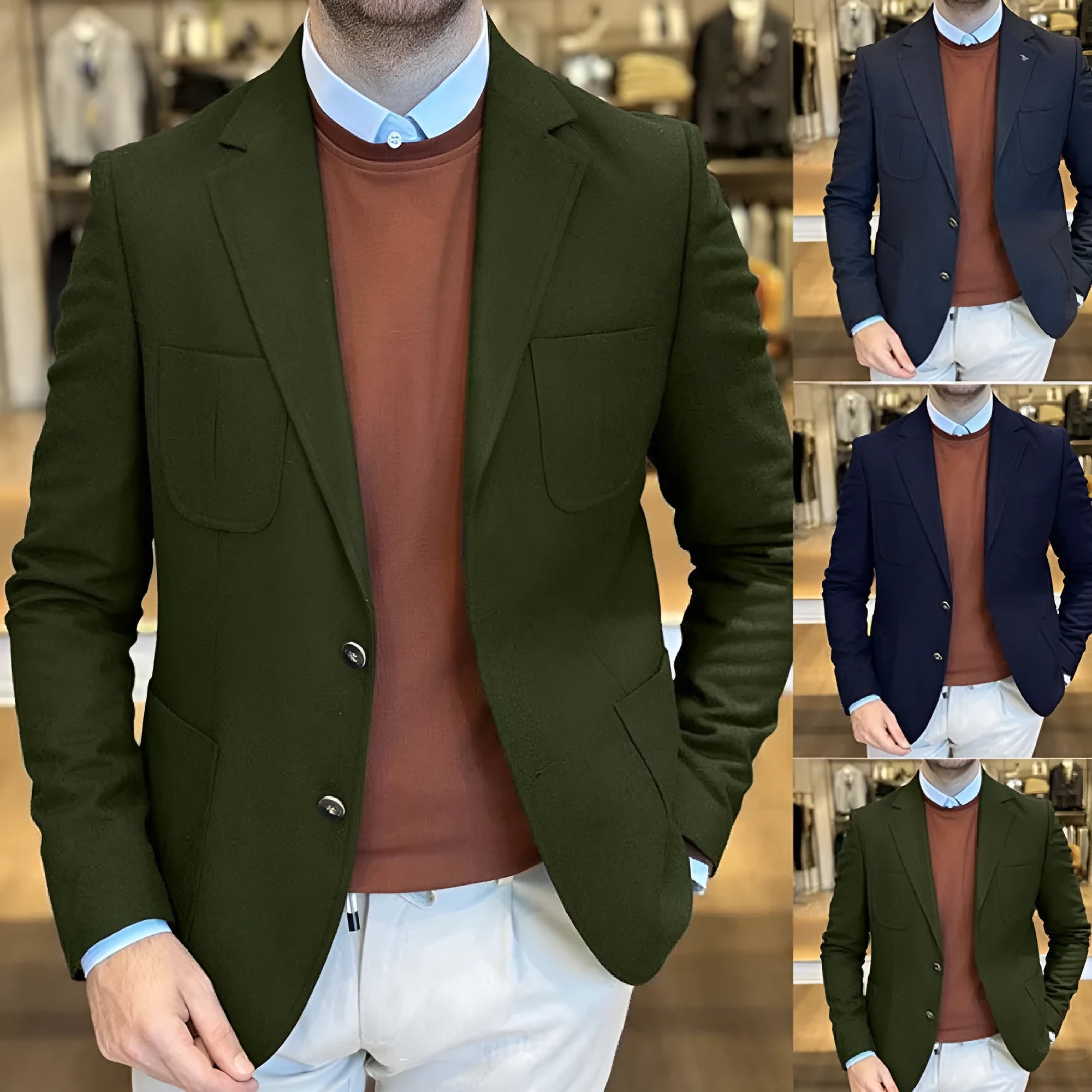 Men's loose fit cotton suit jacket in retro style with solid colour design