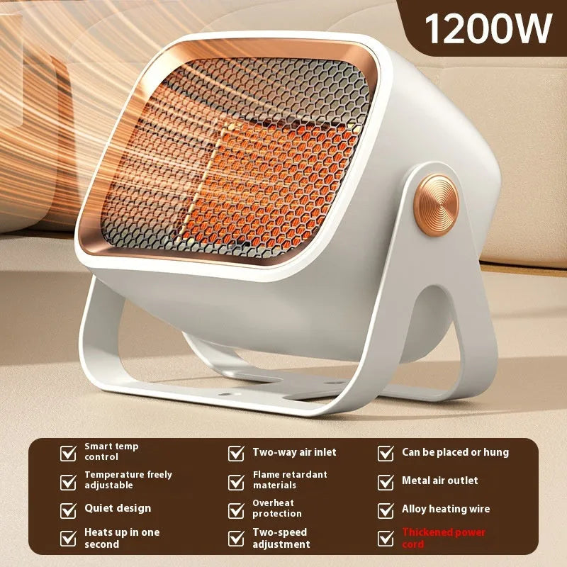White desktop ceramic heater with rotating base and push-button controls