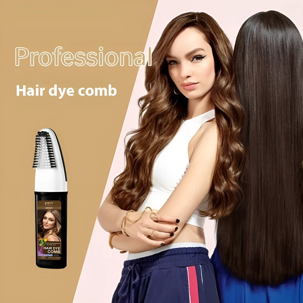 Hair dye comb applicator showing brown, dark brown, and wine red permanent colour options