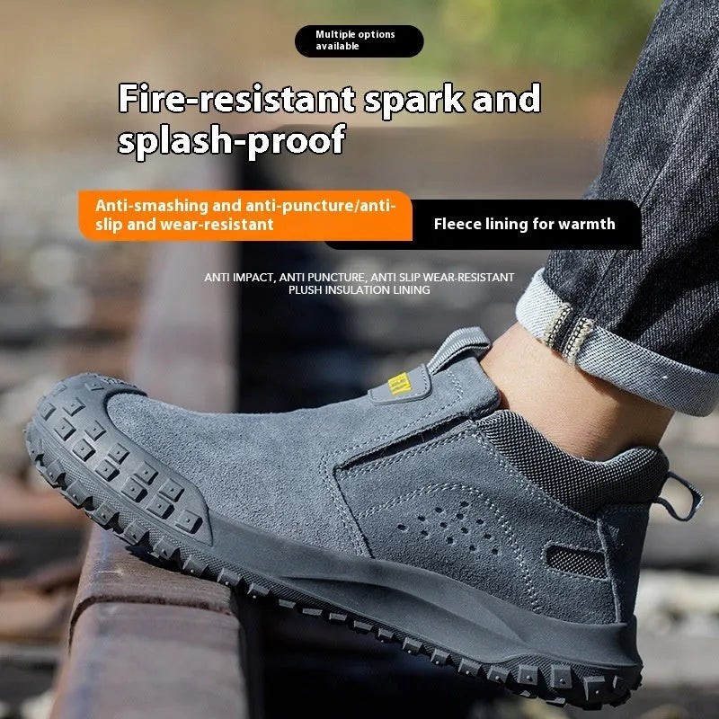 Welding work safety shoes mid-calf steel toe suede leather grey khaki protective footwear