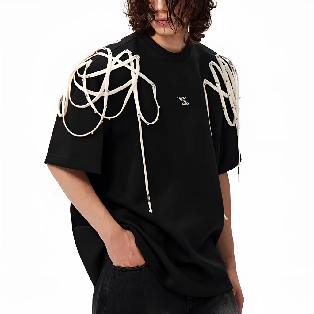 Black women's T-shirt with rivet ribbon padded shoulders and short sleeves