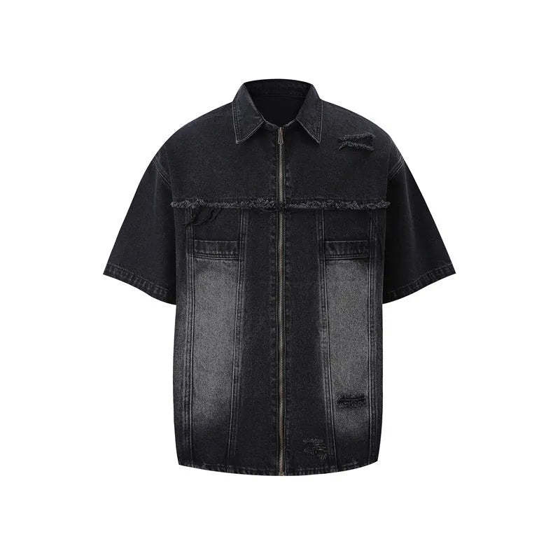 Denim overall suit two-piece set in black with short sleeve top and loose trousers, leisure style coordinated outfit