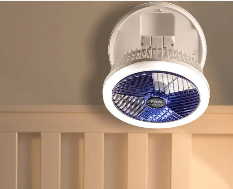 USB charging foldable table fan with LED light in blue, showing 4 speed settings and 300° rotation for home cooling