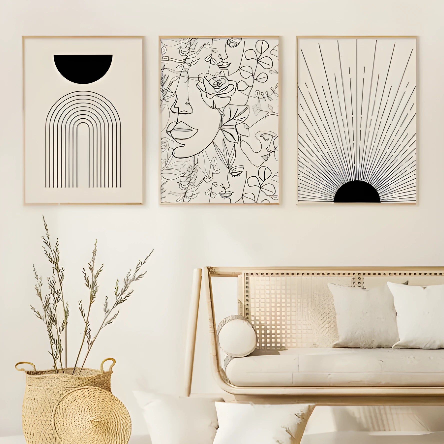 Boho frameless canvas wall art with abstract lines and animal theme, water-based pigment ink, multiple sizes available