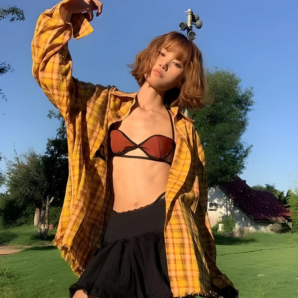 Dopamine yellow plaid shirt in loose cardigan style for men and women