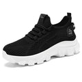 Men's white Flyknit running shoes with thick PVC sole and lace-up front.