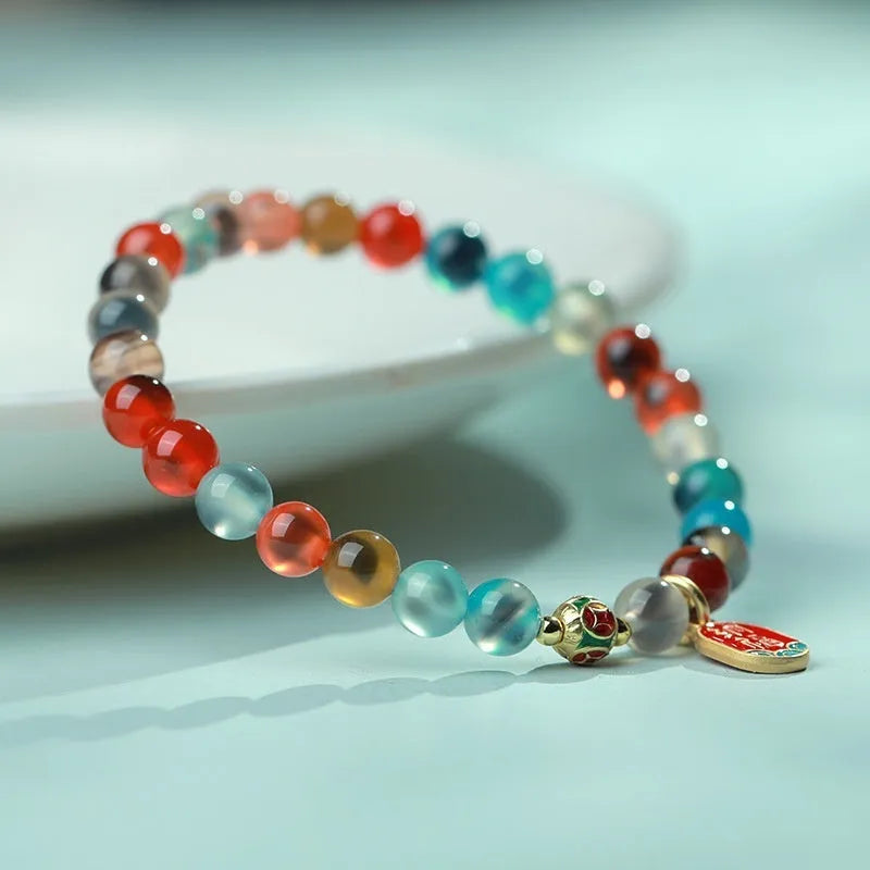Natural agate copper coin snake bracelet with fu character design on women's wrist