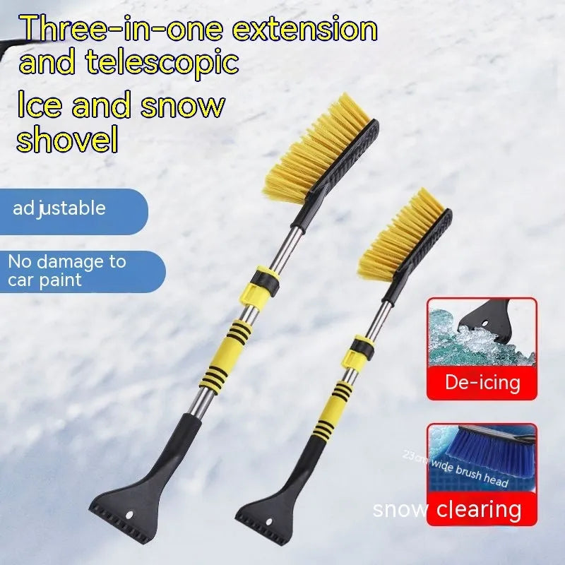 Winter car snow scraping brush with telescopic long handle in yellow thickened plastic model