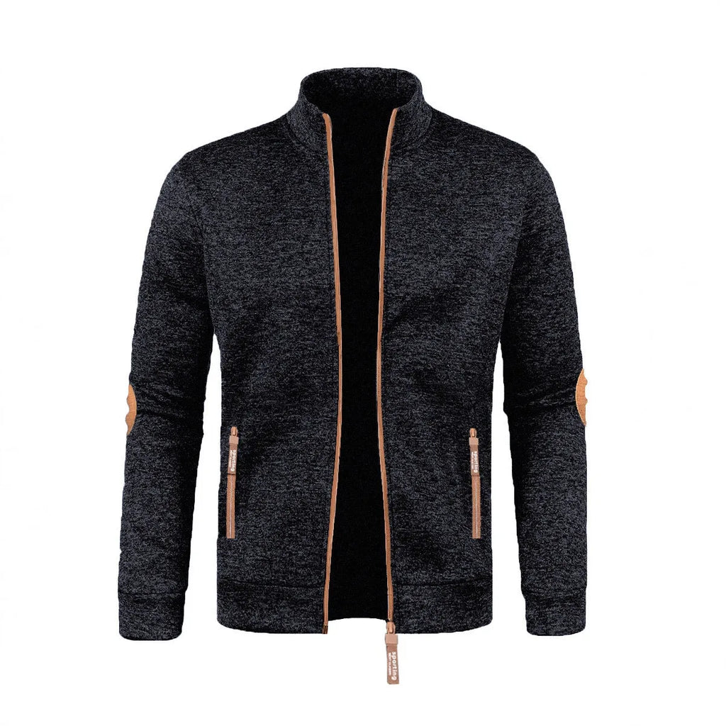 Men's long zipper light fleece cardigan coat in black, plus size, loose fit, long sleeves