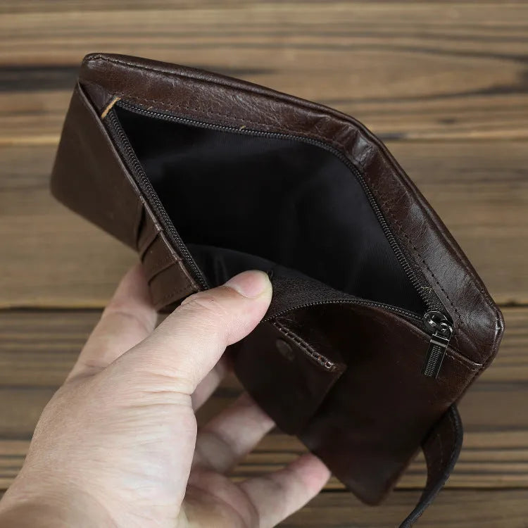 Genuine leather multi-card-slot women's wallet in brown long size with sewing thread detailing