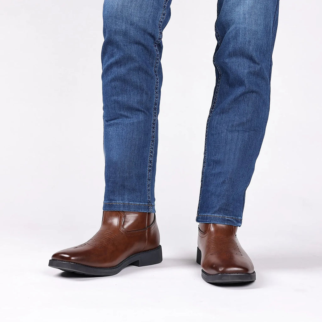 Men's retro embroidered cowboy boots with wide square toe, horseshoe heel, in brown printed leather