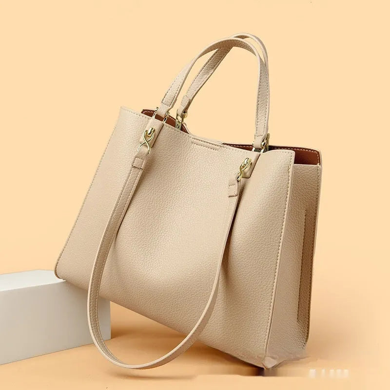 Women's PU leather tote messenger bag in horizontal square shape with sewing thread detail, available in multiple colours