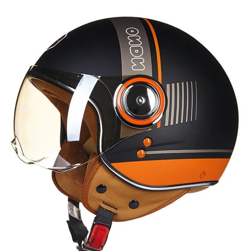 Battery car half helmet in Bright White Red Blue colour, lightweight semi-covered ABS construction, size M to XL