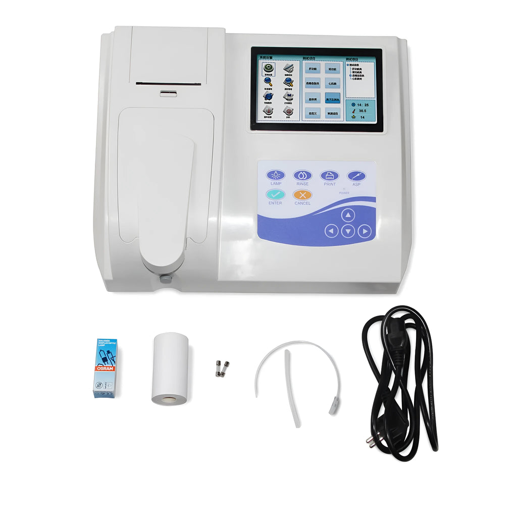 CONTEC BC300 semi-auto biochemistry blood analyser with touch screen, thermal printer, and quartz flow cell on benchtop.