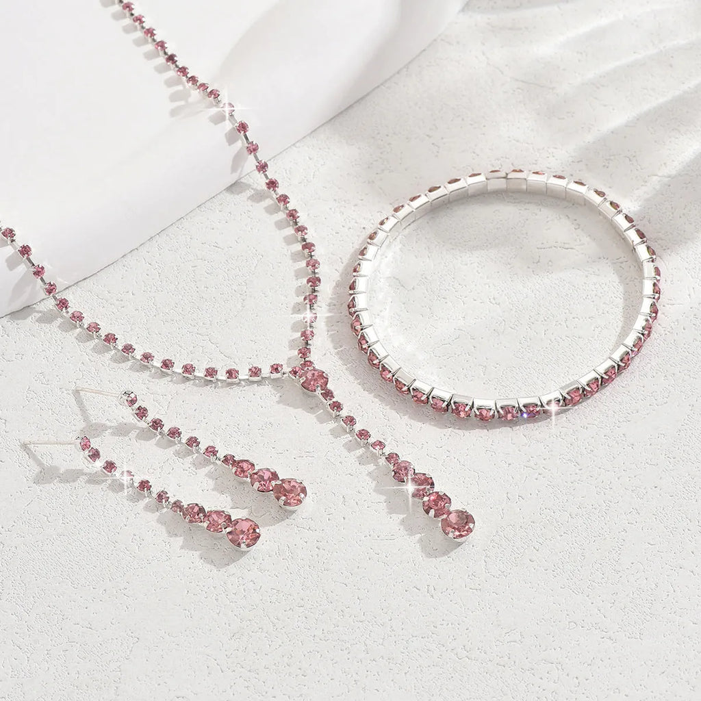 Rhinestone wedding jewellery three-piece set with necklace bracelet earrings in silver pink