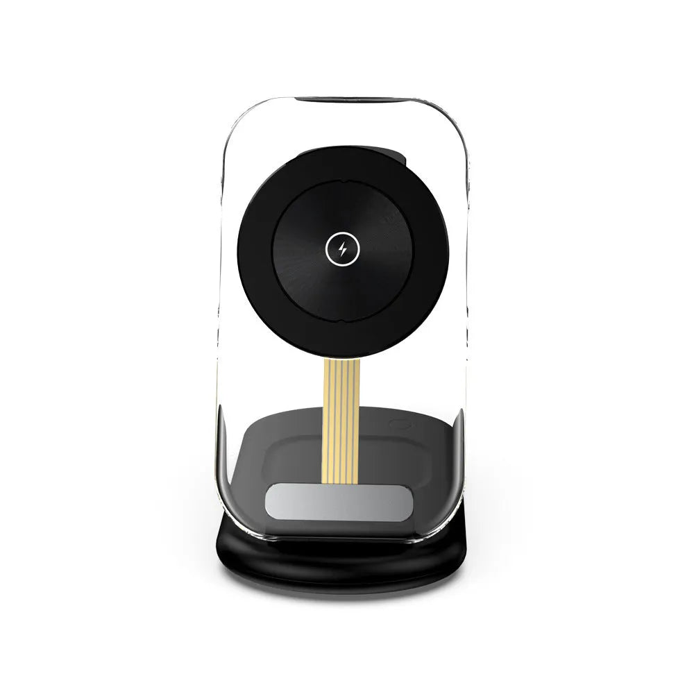 Transparent folding magnetic three-in-one wireless charger showing black and white colour options