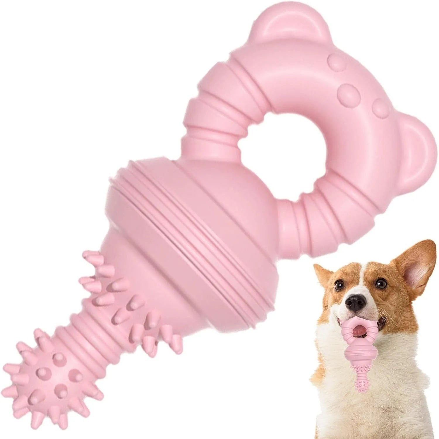 Blue rubber dog chew toy with textured concave-convex surface for teeth cleaning