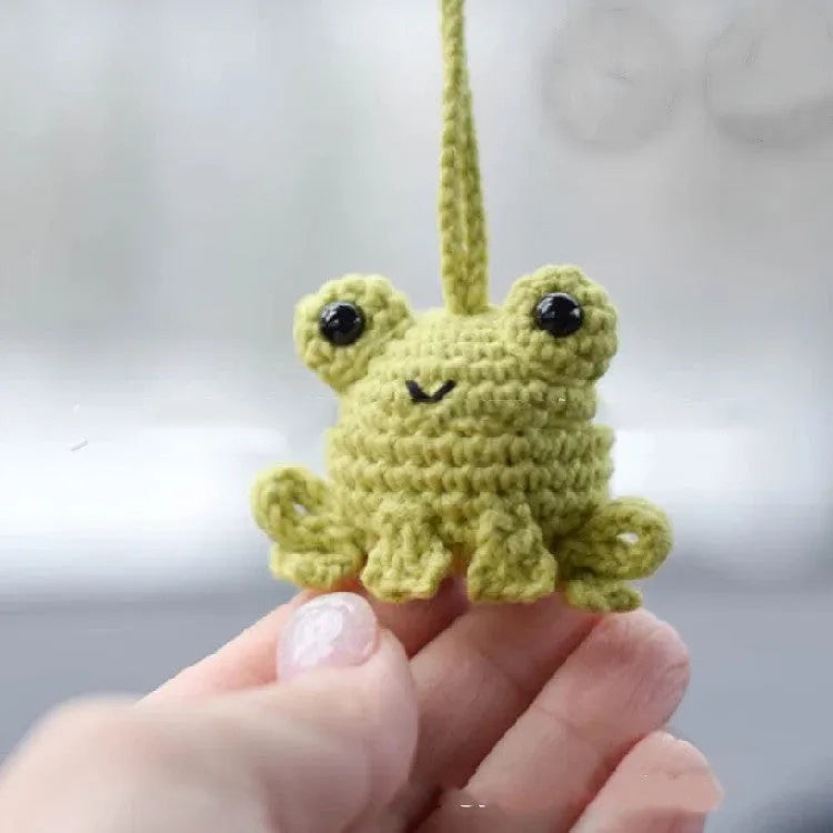Handmade woven frog car pendant in plush material with cartoon style
