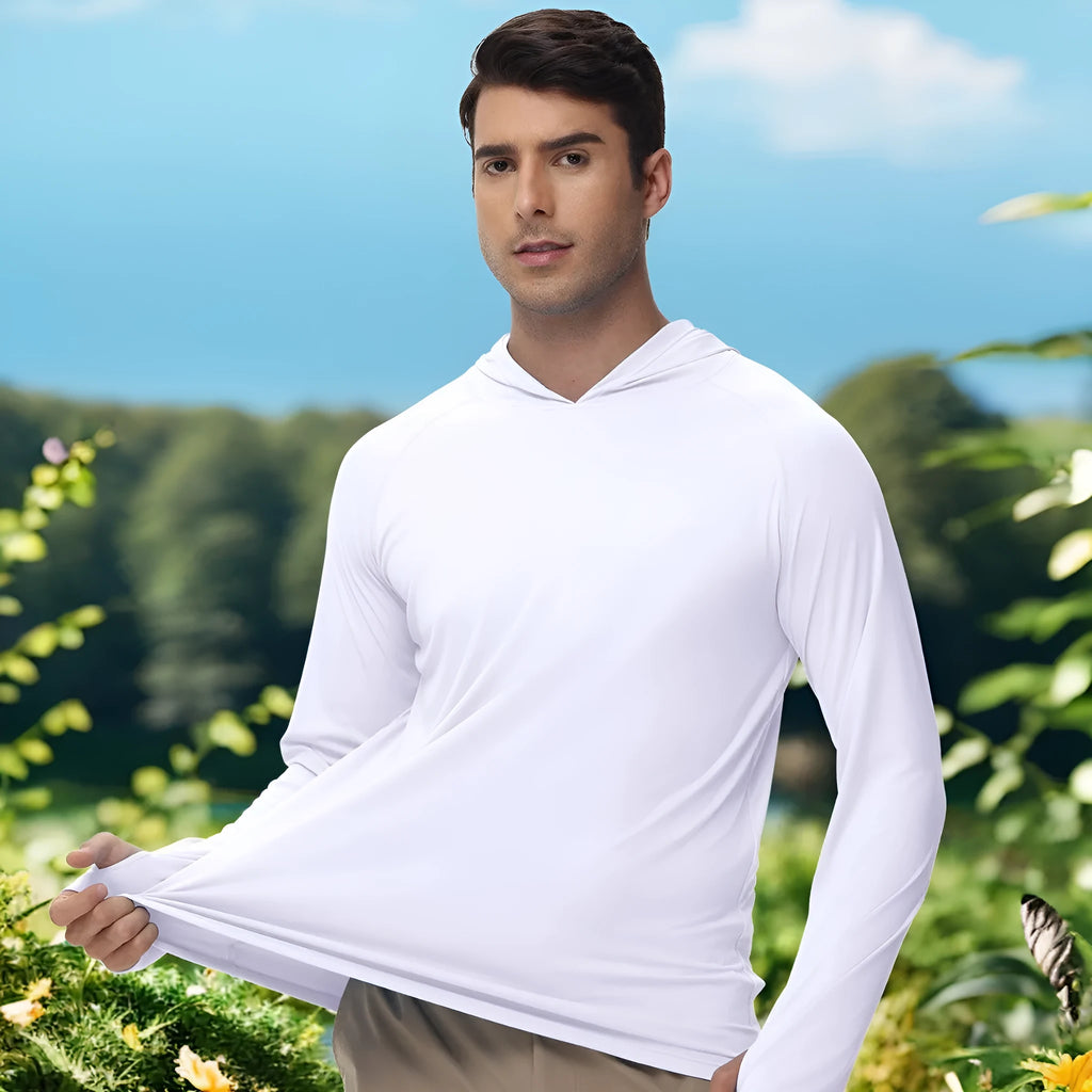 Outdoor UV protection long sleeve hooded thin top in solid colour, polyester fabric, with hood up.