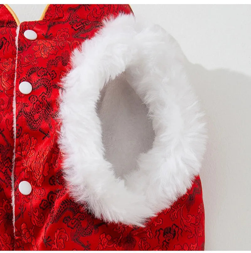 Chinese-style cotton-padded pet coat for large dogs in red with dragon embroidery and rabbit fur collar