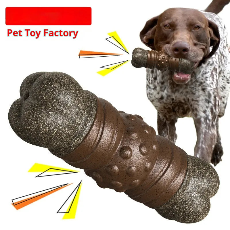 Wood colour bone-shaped plastic dog toothbrush toy with sound-emitting feature
