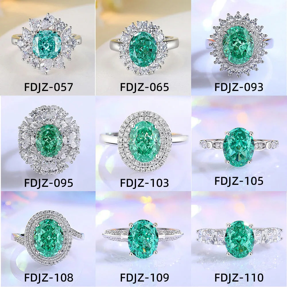 Women's geometric S925 sterling silver ring with elliptical emerald centre stone and diamond accents
