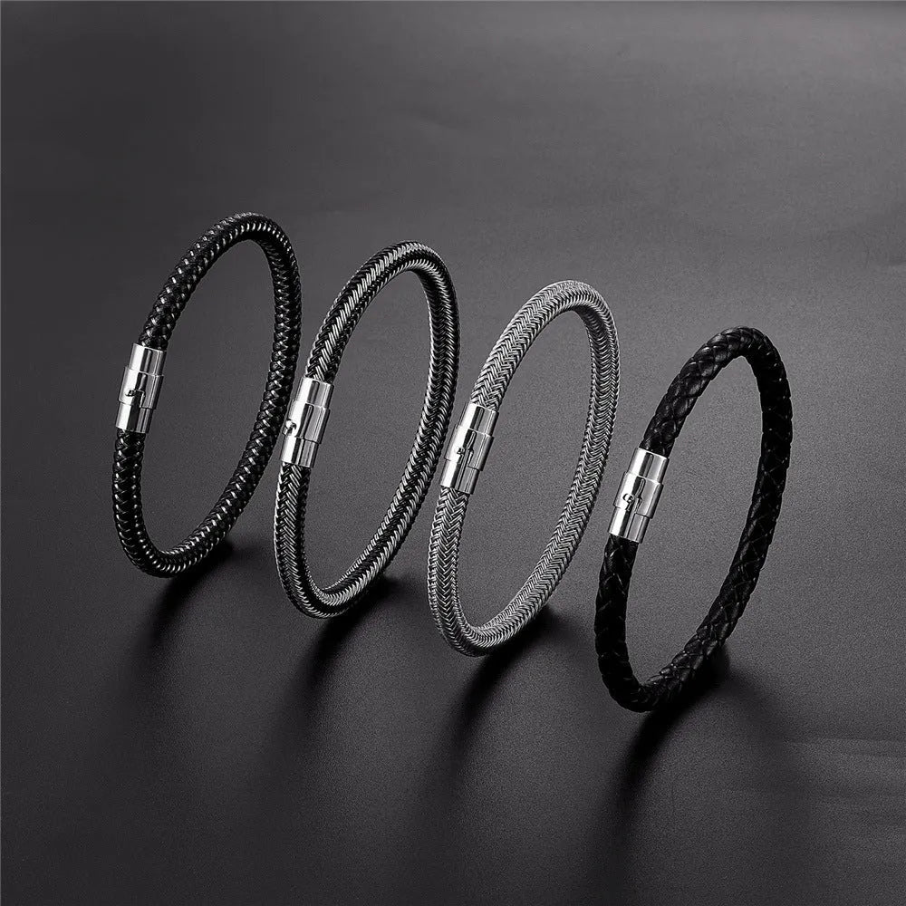 Geometric titanium steel bracelet with magnetic clasp shown in silver tone.