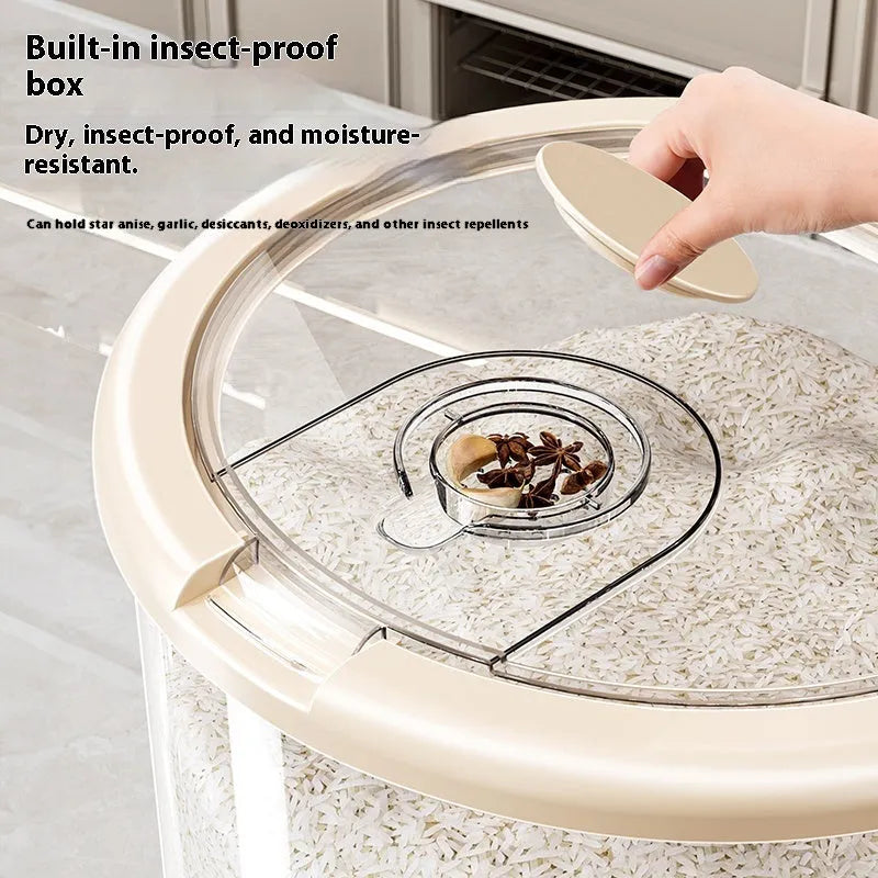 Transparent plastic grain storage tank with sealed lid, insect-proof and moisture-proof, available in 5kg to 25kg capacities, with rice measuring cup.