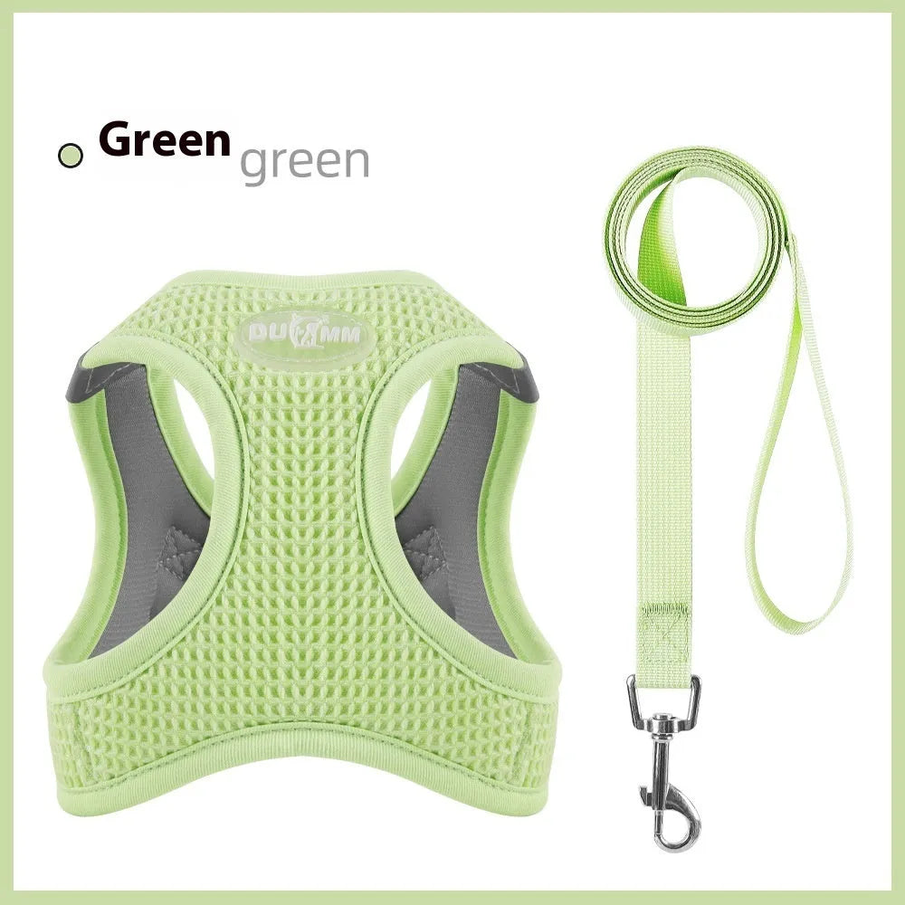 Brown waffle pattern cloth cat harness with a built-in pulling rope chest strap, shown on a size label.