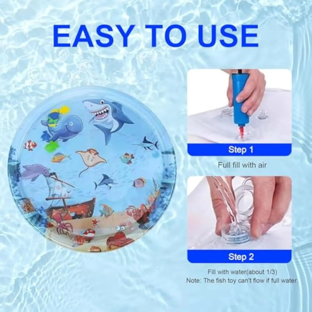 Blue 0.5mm thickened cat water mat with ocean fish toys and inflator, 90cm diameter, on floor