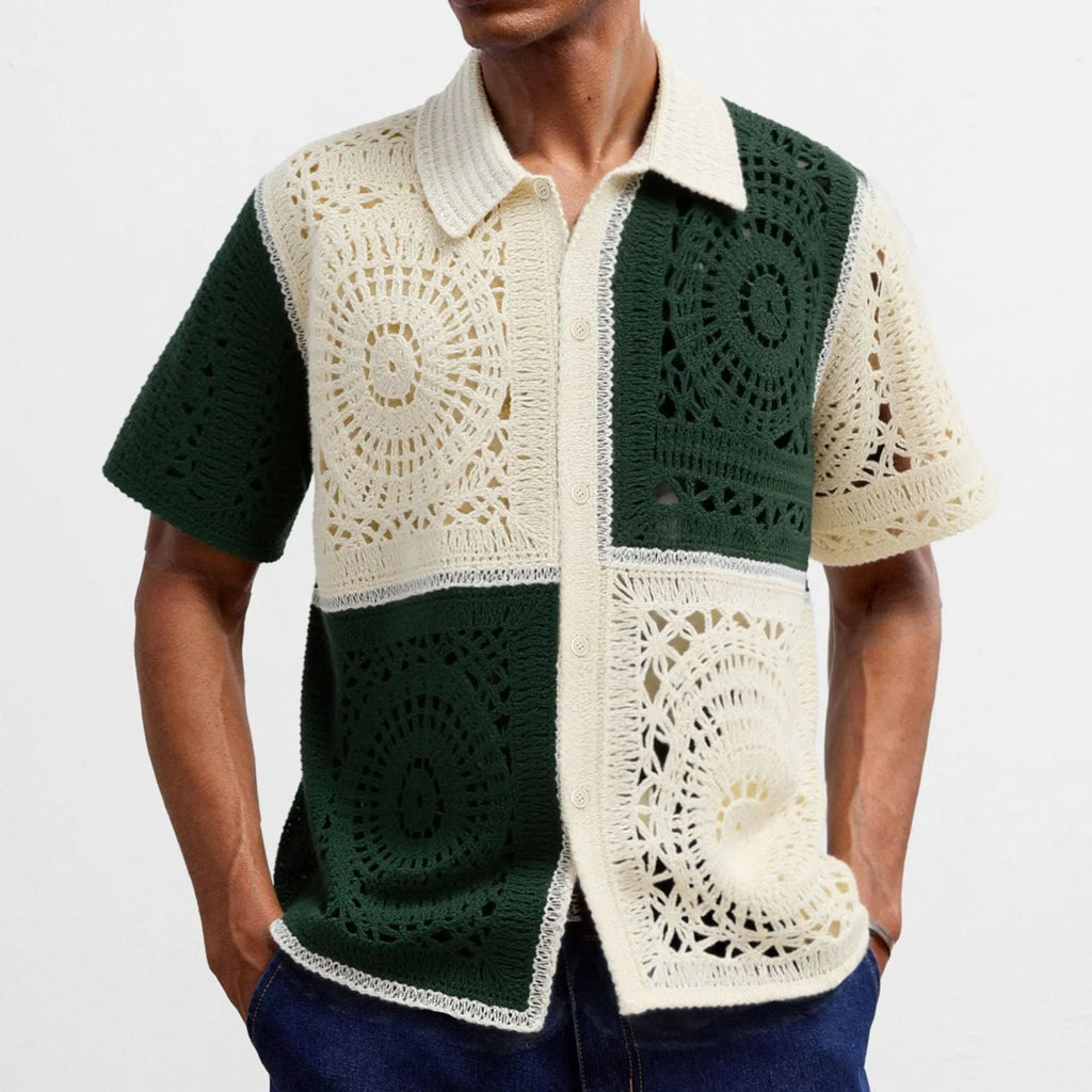 Men's beige colourblock acrylic short sleeve sweater with flocking detail