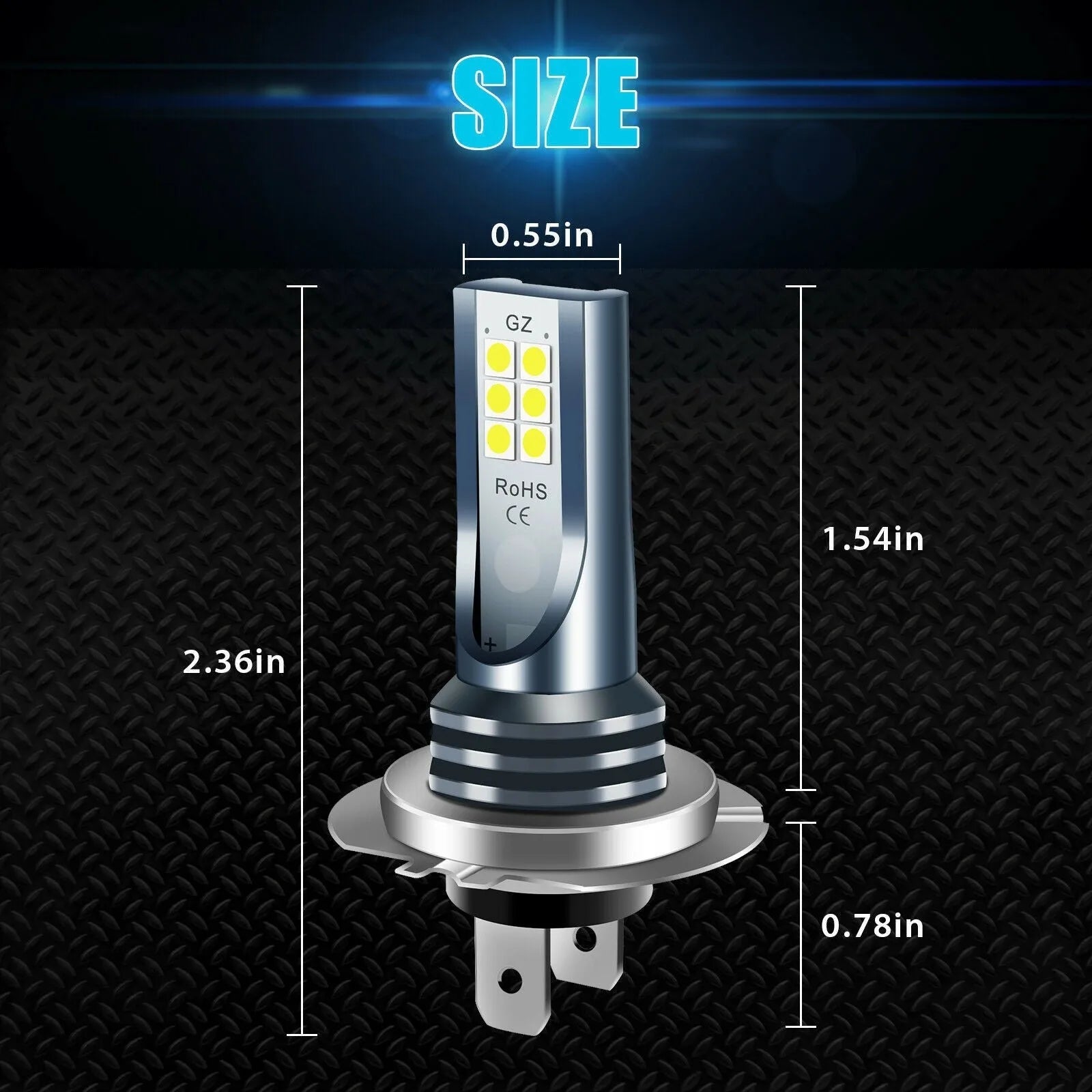 Universal LED car fog light bulb with aviation aluminium housing, showing base connectors for H7, 9005, H11 formats.