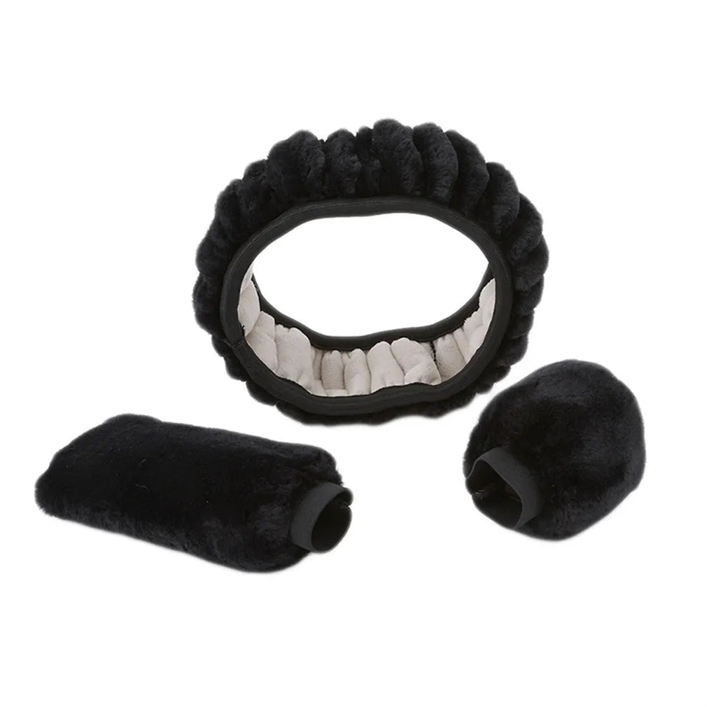 Winter plush car steering wheel cover set in beige, including steering wheel cover, brake sleeve, and gear shift cover