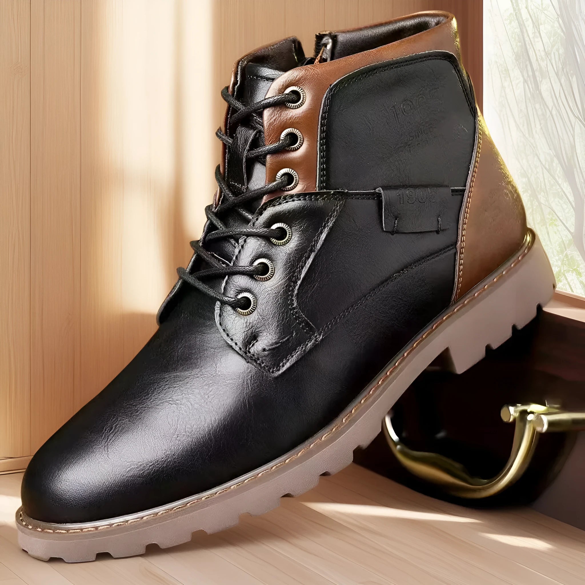 Men's Martin ankle boots in black with side zip, round toe, artificial PU upper, and rubber sole