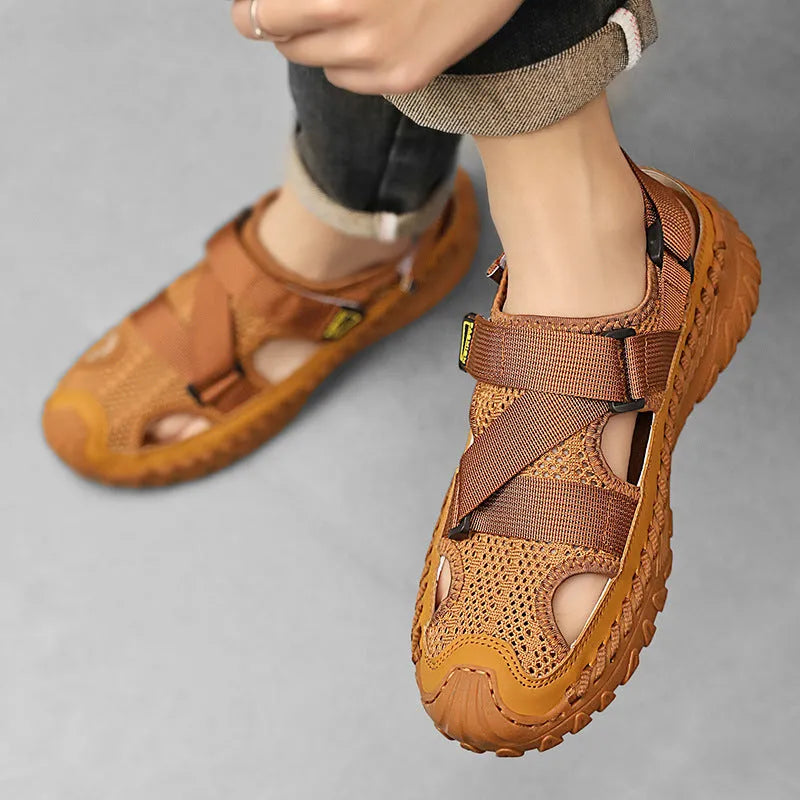 Men's summer casual sandals with hollow mesh surface, genuine leather upper, and elastic band in gray colour