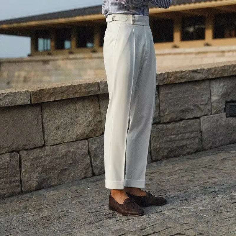 Slim fit straight leg business trousers in polyester blend fabric available in three colours