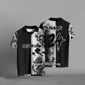 Black oversized t-shirt with a raised 3D digital print graphic on the front.