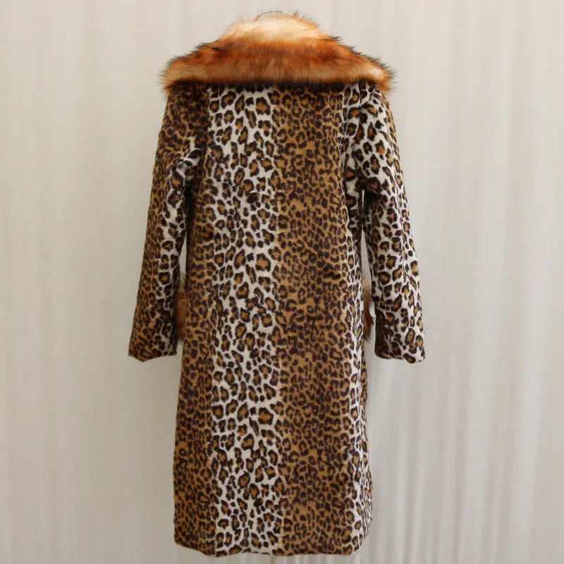 Women's long leopard print faux fur jacket with regular sleeves.