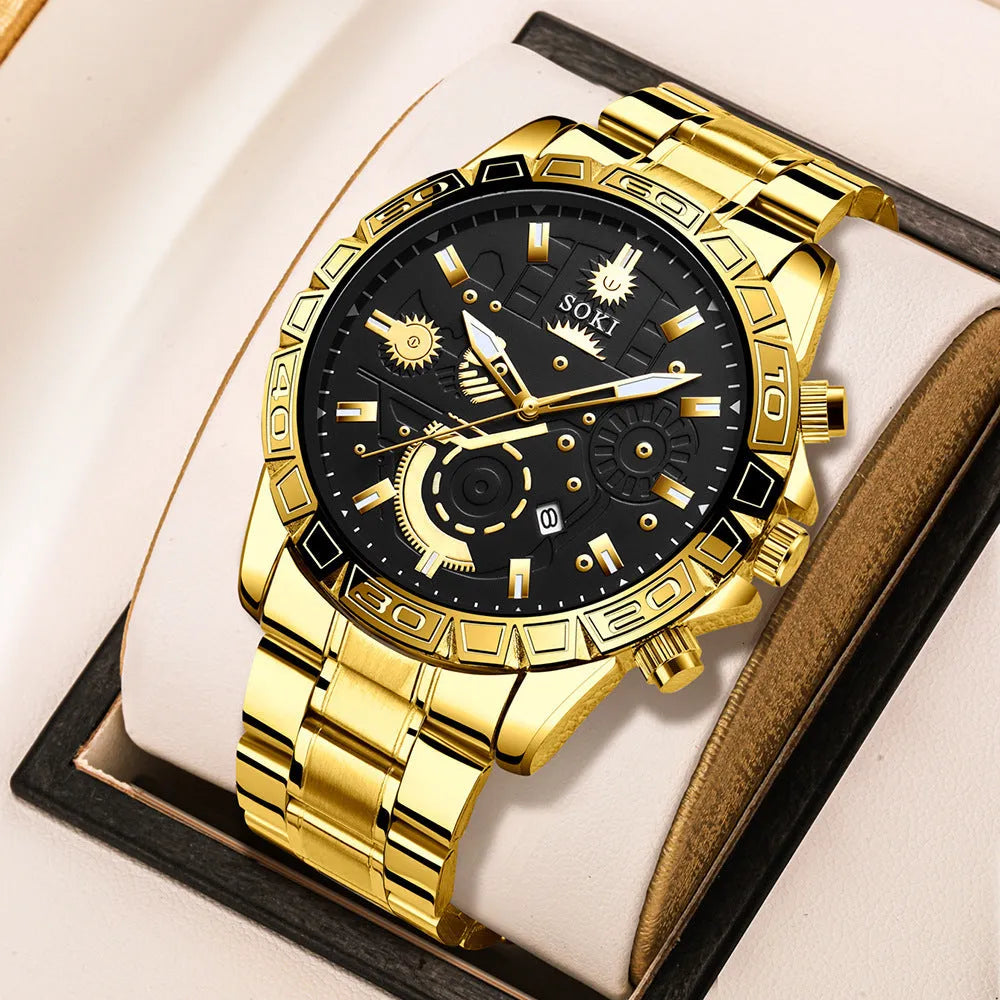 Gold-coloured men's business watch with stainless steel strap and calendar display