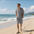 Linen blend short sleeve shirt and shorts beach suit set in Army Green colour
