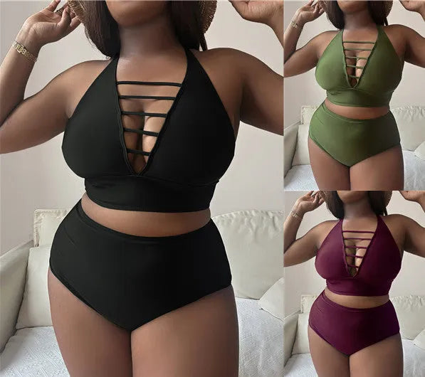 Plus size halter bikini with adjustable cross straps and high waist briefs in solid colour