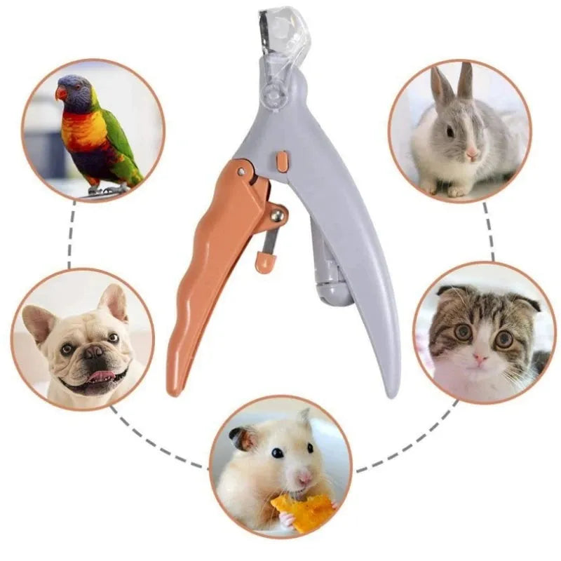 Yellow pet nail clipper with LED light, magnifying lens, and non-slip handle for dogs and cats.