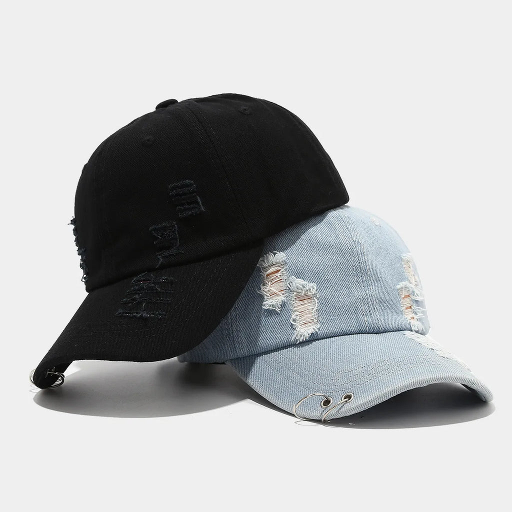 Men's denim peaked cap with dome crown and adjustable strap in black colour option