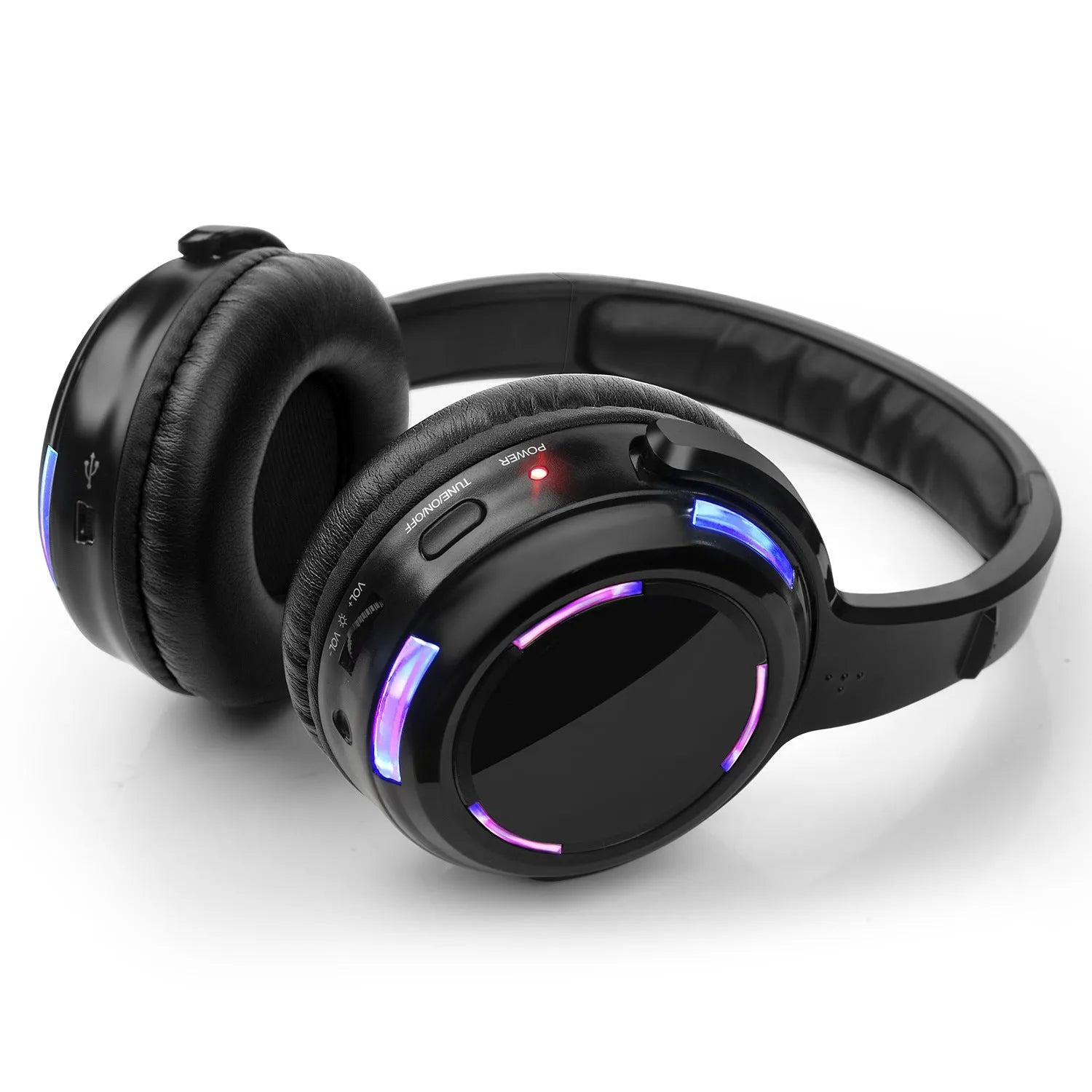 Black silent disco wireless headphones with over-ear design and 3.5mm plug