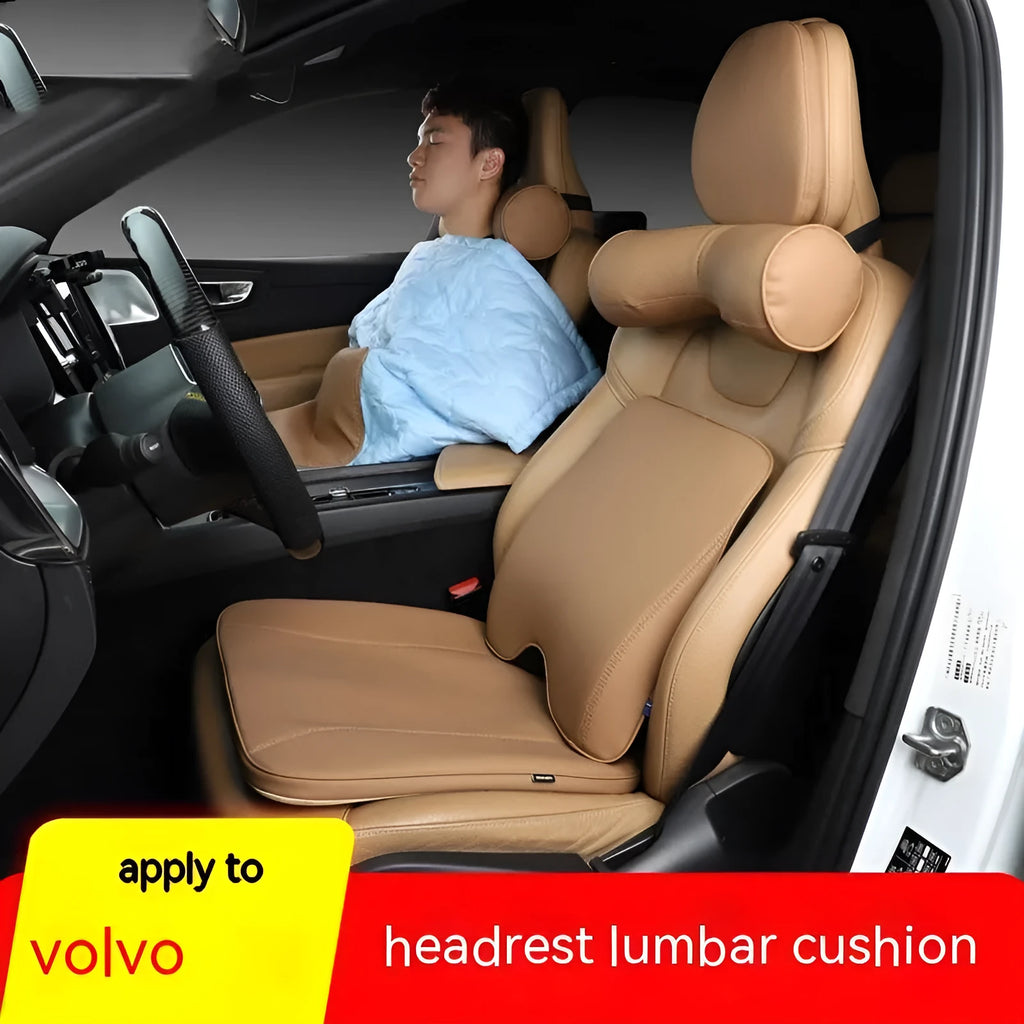 Minimalist brown synthetic fibre headrest cushion and neck pillow for a Volvo car seat.