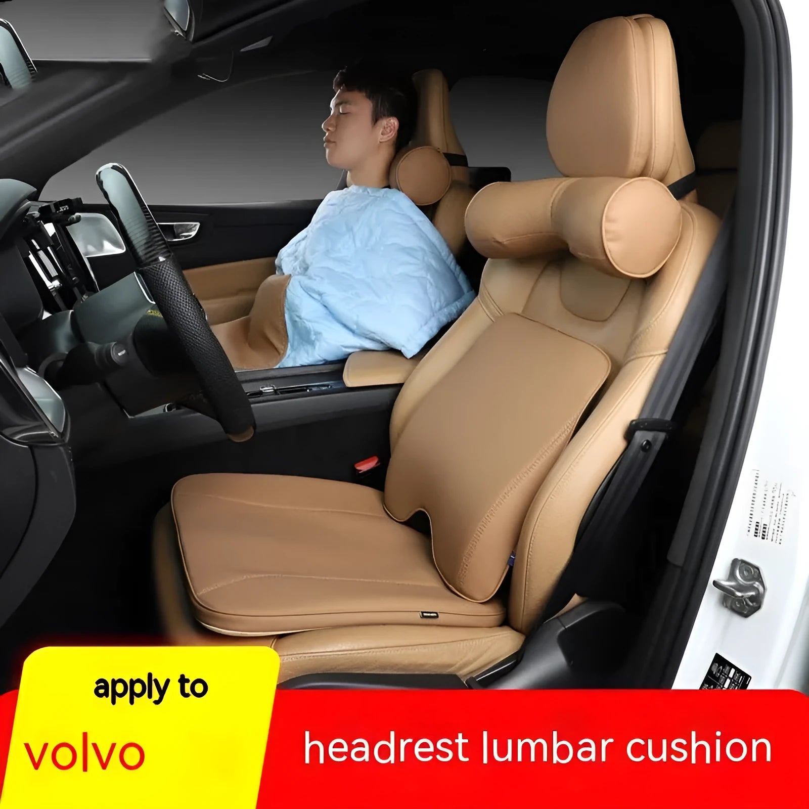 Minimalist brown synthetic fibre headrest cushion and neck pillow for a Volvo car seat.