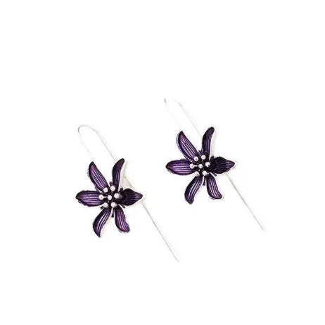 Purple floral alloy earrings with electroplated finish, retro simple design for pierced ears