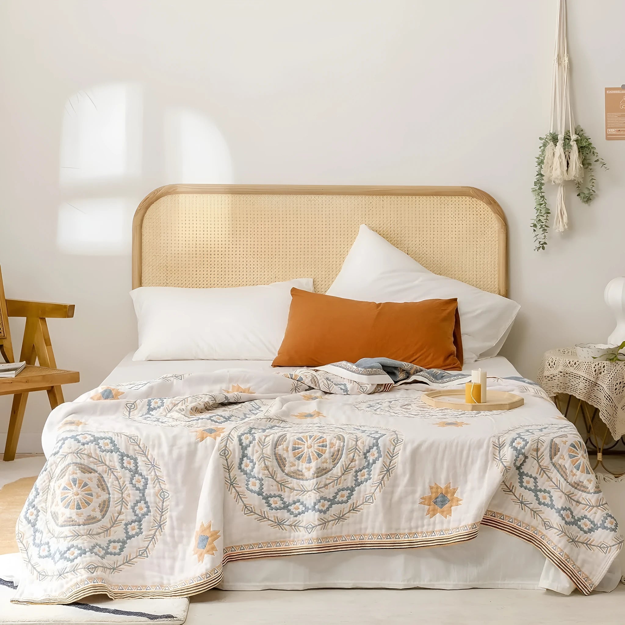 Geometric pattern cotton towel blanket shown in a modern simplicity style.