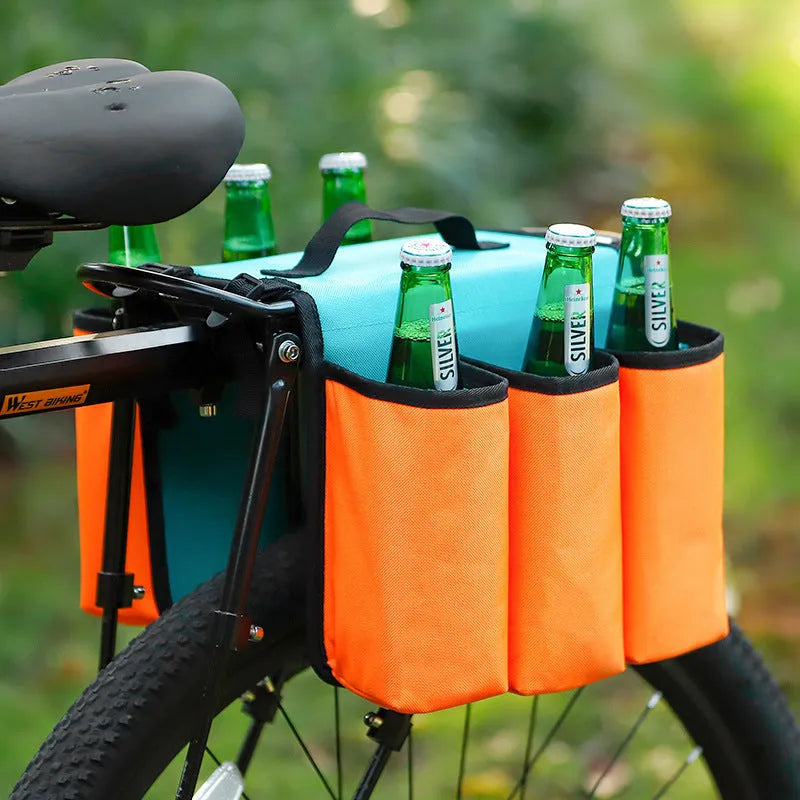 Black and blue orange bicycle double-sided shelf bag with 2 litre capacity mounted on bike
